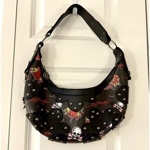 Ed Hardy Sacred Heart & Skull Studded Shoulder Handbag